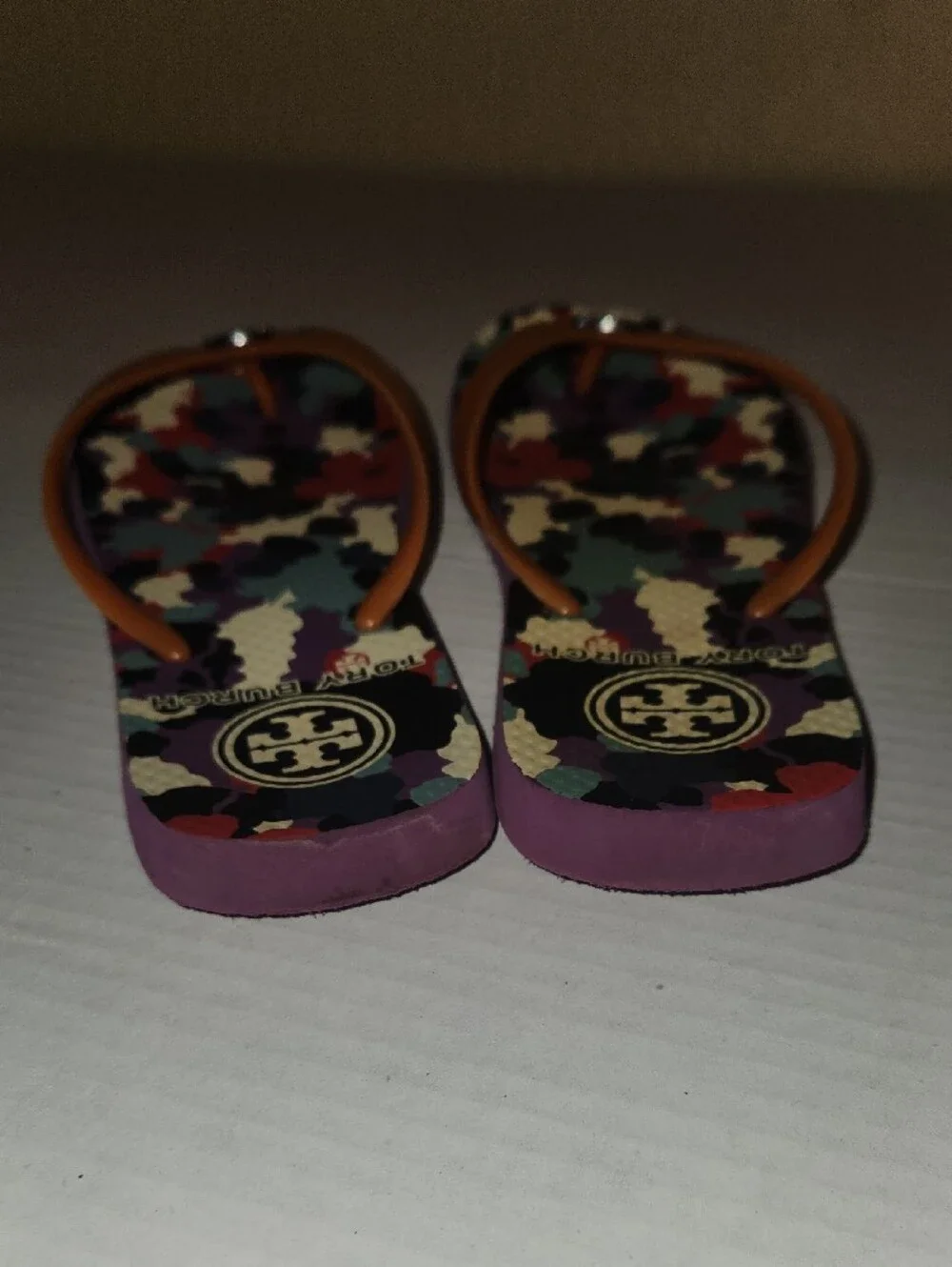 Tory Burch Orange-Strap Flip Flops with Multicolor Camouflage Footbed